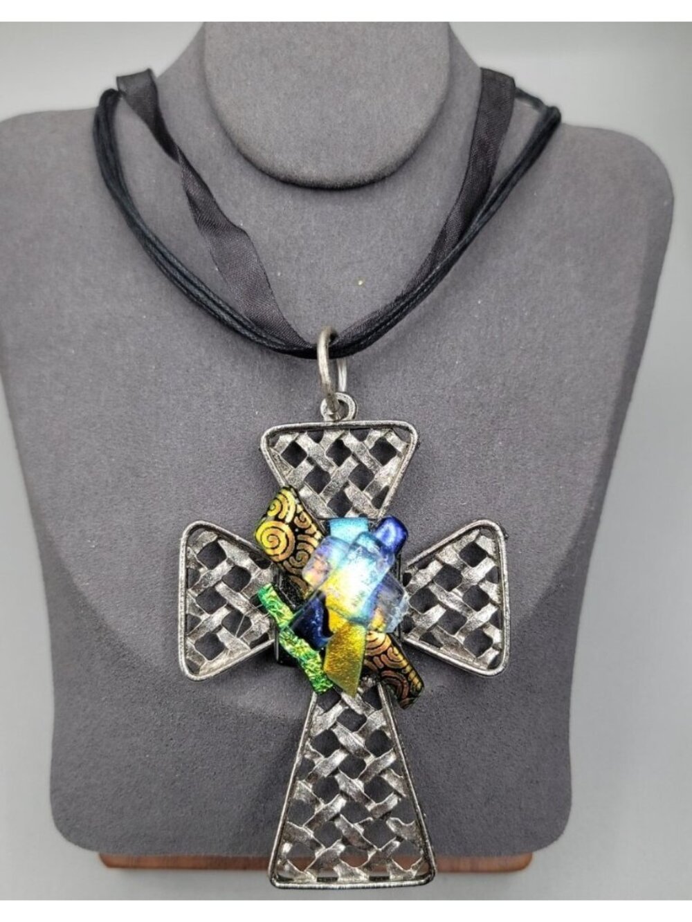 Artisan Dichroic Fused Glass Brutalist Large Cross Necklace 18" Silk Ribbon